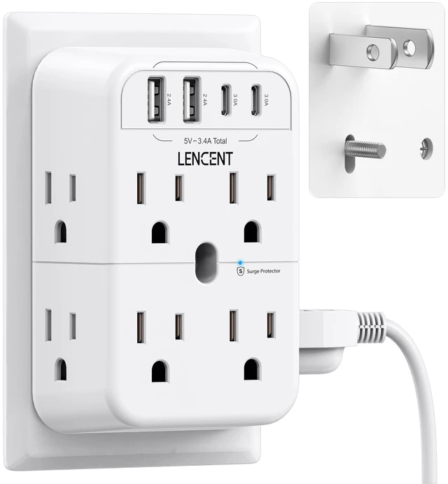 Main image of 2 Prong Plug Adapter, 3 to 2 Prong Outlet Adapter, 2 Type C&2 USB | Surge Protector, Polarized Plug, 3-Sided Wide Spaced Extender, Wall Tap Splitter for Non-Grounded Outlets in Old House