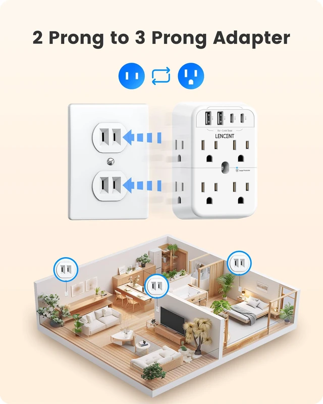 Alt view image 2 of 7 - 2 Prong Plug Adapter, 3 to 2 Prong Outlet Adapter, 2 Type C&2 USB | Surge Protector, Polarized Plug, 3-Sided Wide Spaced Extender, Wall Tap Splitter for Non-Grounded Outlets in Old House