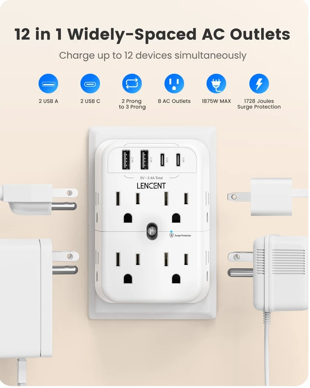 Alt view image 4 of 7 - 2 Prong Plug Adapter, 3 to 2 Prong Outlet Adapter, 2 Type C&2 USB | Surge Protector, Polarized Plug, 3-Sided Wide Spaced Extender, Wall Tap Splitter for Non-Grounded Outlets in Old House