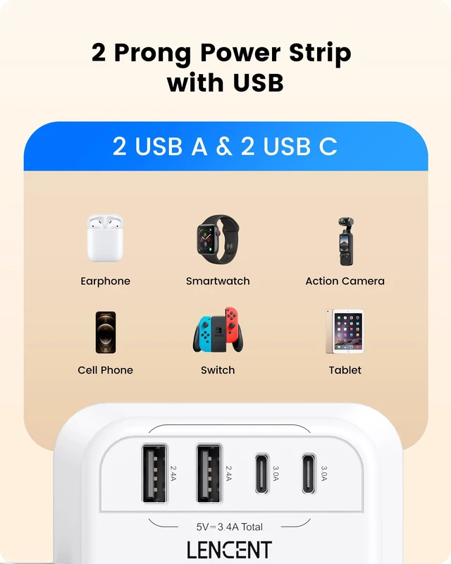 Alt view image 5 of 7 - 2 Prong Plug Adapter, 3 to 2 Prong Outlet Adapter, 2 Type C&2 USB | Surge Protector, Polarized Plug, 3-Sided Wide Spaced Extender, Wall Tap Splitter for Non-Grounded Outlets in Old House