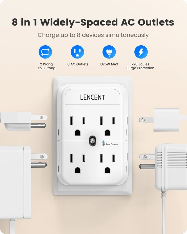 Alt view image 4 of 7 - 2 Prong Plug Adapter, 3 to 2 Prong Outlet Adapter, Surge Protector | Polarized Plug, 3-Sided Widely Spaced Extender, Compact Wall Plug Splitter Tap for Non-Grounded Outlets in Old House 2 Pack