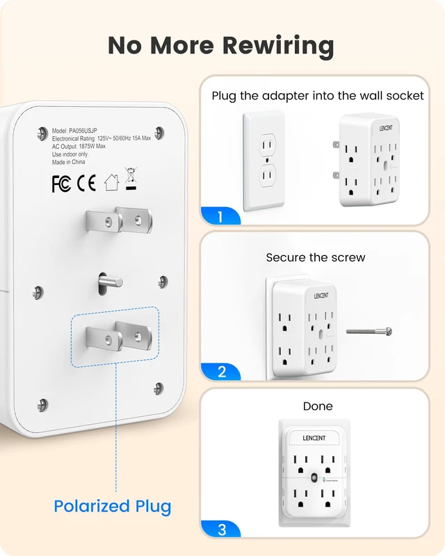 Alt view image 6 of 7 - 2 Prong Plug Adapter, 3 to 2 Prong Outlet Adapter, Surge Protector | Polarized Plug, 3-Sided Widely Spaced Extender, Compact Wall Plug Splitter Tap for Non-Grounded Outlets in Old House 2 Pack