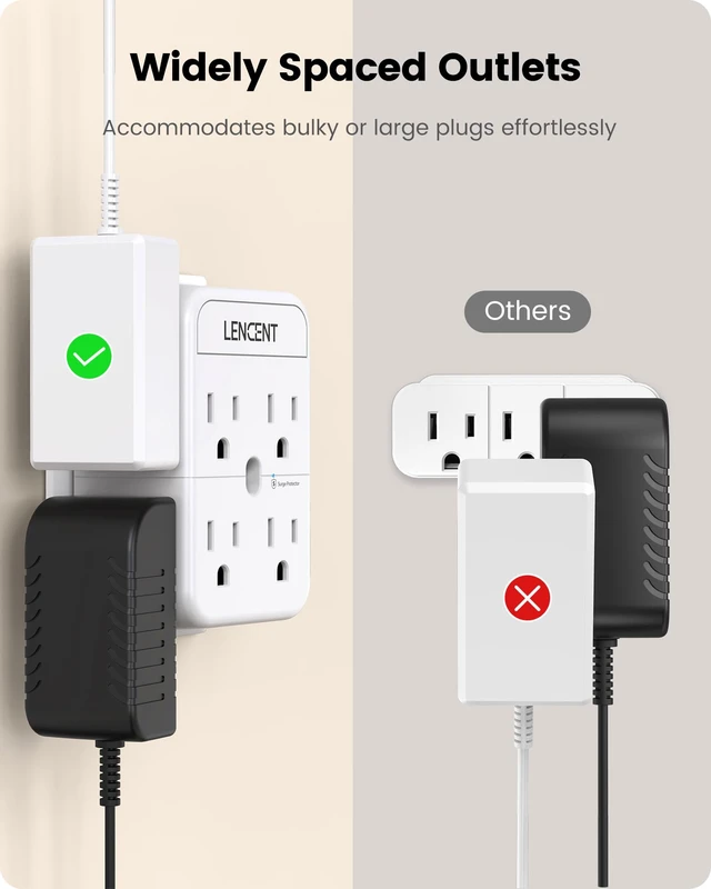 Alt view image 5 of 7 - 2 Prong Plug Adapter, 3 to 2 Prong Outlet Adapter, Surge Protector | Polarized Plug, 3-Sided Widely Spaced Extender, Compact Wall Plug Splitter Tap for Non-Grounded Outlets in Old House 2 Pack