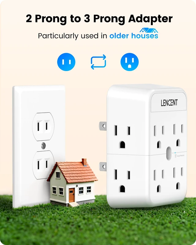 Alt view image 2 of 7 - 2 Prong Plug Adapter, 3 to 2 Prong Outlet Adapter, Surge Protector | Polarized Plug, 3-Sided Widely Spaced Extender, Compact Wall Plug Splitter Tap for Non-Grounded Outlets in Old House 2 Pack