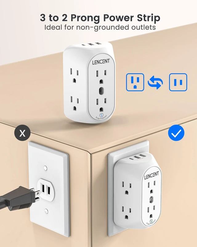 Alt view image 2 of 7 - 2 to 3 Prong Outlet Adapter, 3 to 2 Prong Grounding Adapter | with Surge Protector, Multi Outlet Wall Plug with 6 Outlets 3 USB (1 USB-C), Polarized Plug for Non Grounded Older House