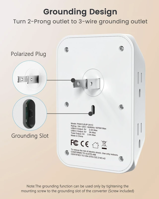 Alt view image 3 of 7 - 2 to 3 Prong Outlet Adapter, 3 to 2 Prong Grounding Adapter | with Surge Protector, Multi Outlet Wall Plug with 6 Outlets 3 USB (1 USB-C), Polarized Plug for Non Grounded Older House