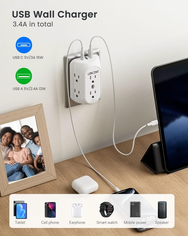 Alt view image 4 of 7 - 2 to 3 Prong Outlet Adapter, 3 to 2 Prong Grounding Adapter | with Surge Protector, Multi Outlet Wall Plug with 6 Outlets 3 USB (1 USB-C), Polarized Plug for Non Grounded Older House