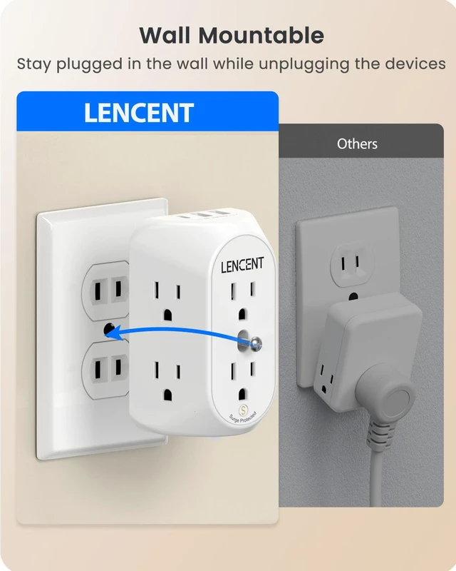 Alt view image 6 of 7 - 2 to 3 Prong Outlet Adapter, 3 to 2 Prong Grounding Adapter | with Surge Protector, Multi Outlet Wall Plug with 6 Outlets 3 USB (1 USB-C), Polarized Plug for Non Grounded Older House