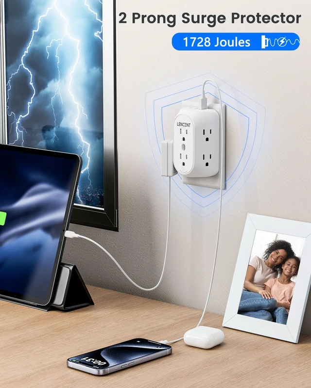 Alt view image 7 of 7 - 2 to 3 Prong Outlet Adapter, 3 to 2 Prong Grounding Adapter | with Surge Protector, Multi Outlet Wall Plug with 6 Outlets 3 USB (1 USB-C), Polarized Plug for Non Grounded Older House
