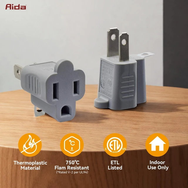 Alt view image 2 of 6 - 2 Prong to 3 Prong Adapter, 3 to 2 Prong Converter, Polarized Grounding Plug Adapter, ETL Listed, for Home Office Travel, Gray, 2 Pack