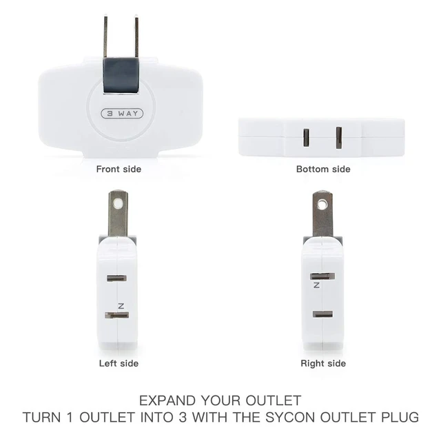 Alt view image 4 of 5 - Outlet Wall Adapter, 2-Prong Swivel Ungrounded Indoor AC Mini Plug Wall Tap-White (3 Way-2 Pack)