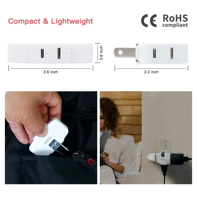 Alt view image 5 of 5 - Outlet Wall Adapter, 2-Prong Swivel Ungrounded Indoor AC Mini Plug Wall Tap-White (3 Way-2 Pack)