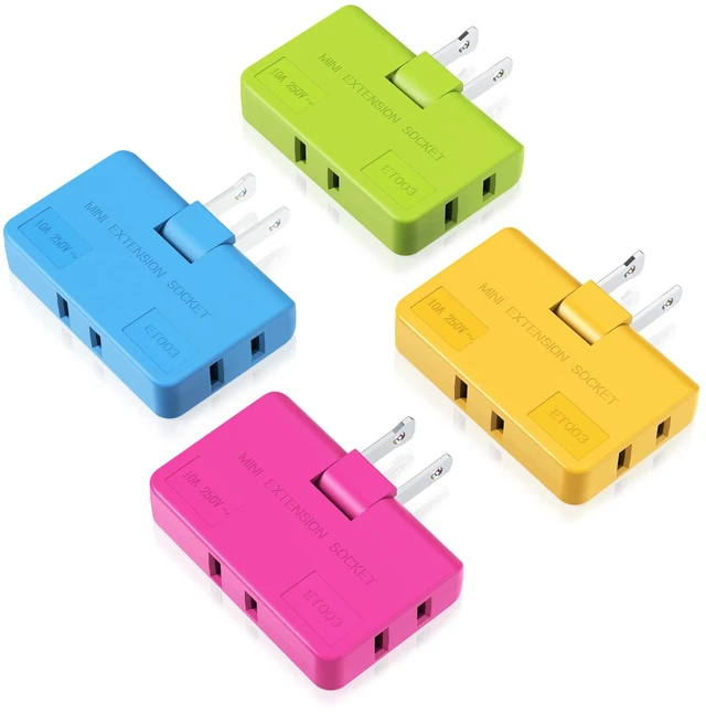 Main image of 3 Way Flat Wall Outlet Extender AC Adapter - 2 Prong Flat Wall Plug, Adjustable Rotatable Mini Socket (Quick & Safe) Perfect for Home and Travel, Type A, Multiple Color (4 Pack)