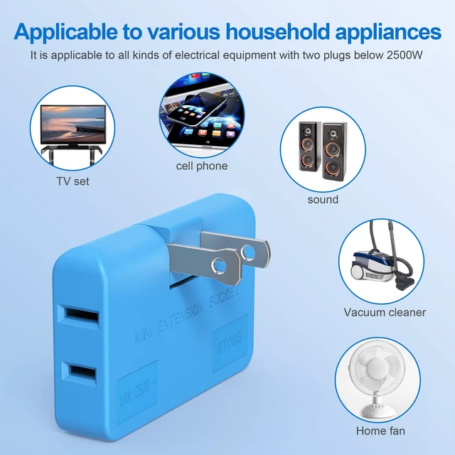 Alt view image 2 of 7 - 3 Way Flat Wall Outlet Extender AC Adapter - 2 Prong Flat Wall Plug, Adjustable Rotatable Mini Socket (Quick & Safe) Perfect for Home and Travel, Type A, Multiple Color (4 Pack)