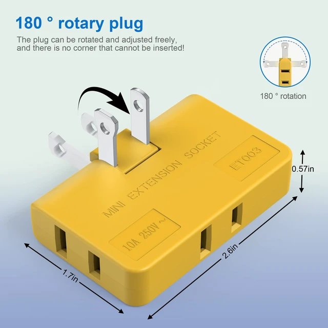 Alt view image 3 of 7 - 3 Way Flat Wall Outlet Extender AC Adapter - 2 Prong Flat Wall Plug, Adjustable Rotatable Mini Socket (Quick & Safe) Perfect for Home and Travel, Type A, Multiple Color (4 Pack)