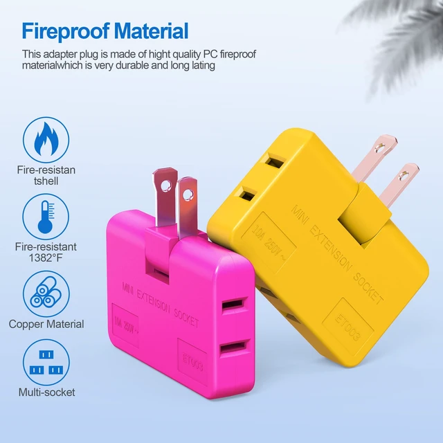 Alt view image 6 of 7 - 3 Way Flat Wall Outlet Extender AC Adapter - 2 Prong Flat Wall Plug, Adjustable Rotatable Mini Socket (Quick & Safe) Perfect for Home and Travel, Type A, Multiple Color (4 Pack)