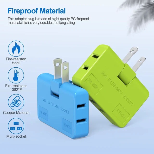 Alt view image 5 of 7 - 3 Way Flat Wall Outlet Extender AC Adapter - 2 Prong Flat Wall Plug, Adjustable Rotatable Mini Socket (Quick & Safe) Perfect for Home and Travel, Type A, Multiple Color (4 Pack)