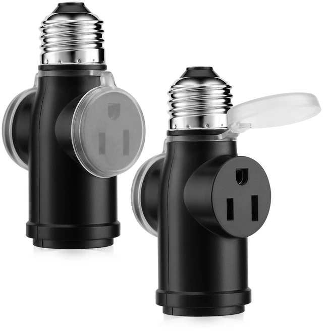 Main image of 2-Pack Light Socket Outlet Adapter Convert E26 Socket to 3-Prong Plug Outlet with Bulb Socket Kept, Dust-Proof Cover, Flame Retardant PBT, Indoor & Outdoor Use, Black
