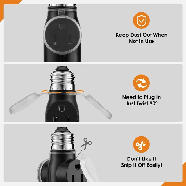 Alt view image 4 of 7 - 2-Pack Light Socket Outlet Adapter Convert E26 Socket to 3-Prong Plug Outlet with Bulb Socket Kept, Dust-Proof Cover, Flame Retardant PBT, Indoor & Outdoor Use, Black