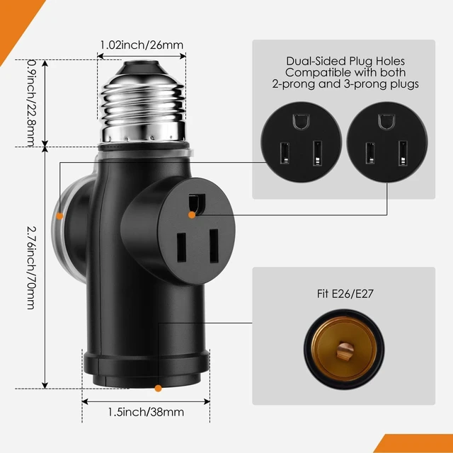 Alt view image 3 of 7 - 2-Pack Light Socket Outlet Adapter Convert E26 Socket to 3-Prong Plug Outlet with Bulb Socket Kept, Dust-Proof Cover, Flame Retardant PBT, Indoor & Outdoor Use, Black