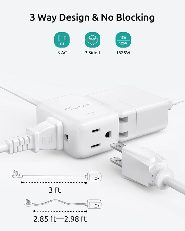 Alt view image 4 of 7 - 3FT Short Two Prong Extension Cord, 2 Prong to 3 Prong Outlet Adapter | Flat Polarized Plug Extender 3 Outlets in Kitchen Bathroom, 13A/1625W, Flat Wall Plug for Old House Non-Grounded Outlets