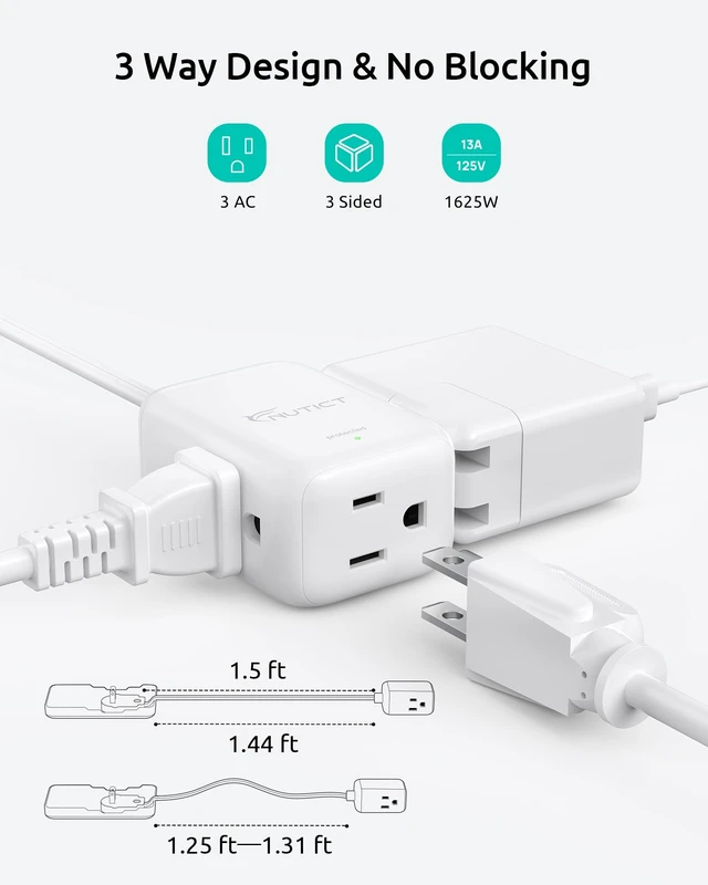 Alt view image 3 of 7 - 1.5FT Short Two Prong Extension Cord, 2 Prong to 3 Prong Outlet Adapter | Flat Polarized Plug, Ultra-Thin Outlet Cover, 13A/1625W, 3 Outlets, for Old House Non-Grounded Outlets