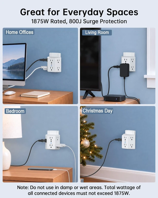 Alt view image 4 of 7 - 2 Prong to 3 Prong Outlet Adapter, 6-Outlet Extender, White, 1-Pack | Wide-Spaced 3-Sided Design, Polarized Plug, 800J Surge Protection, for Older Homes and Apartments