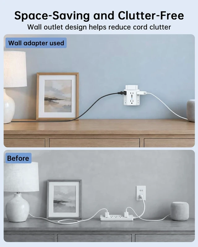 Alt view image 3 of 7 - 2 Prong to 3 Prong Outlet Adapter, 6-Outlet Extender, White, 1-Pack | Wide-Spaced 3-Sided Design, Polarized Plug, 800J Surge Protection, for Older Homes and Apartments