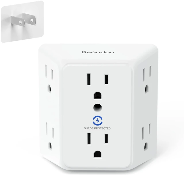 Main image of 2 Prong to 3 Prong Outlet Adapter, 6-Outlet Extender, White, 1-Pack | Wide-Spaced 3-Sided Design, Polarized Plug, 800J Surge Protection, for Older Homes and Apartments