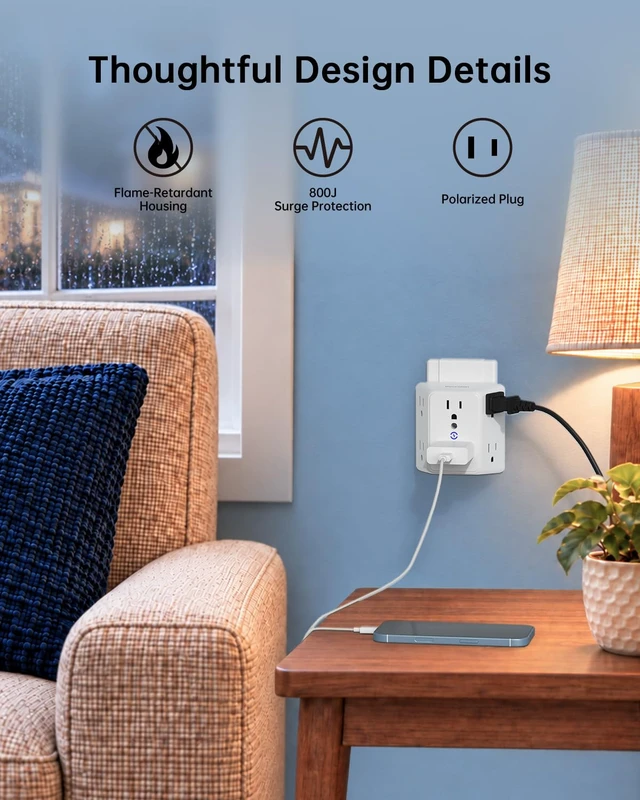 Alt view image 5 of 7 - 2 Prong to 3 Prong Outlet Adapter, 6-Outlet Extender, White, 1-Pack | Wide-Spaced 3-Sided Design, Polarized Plug, 800J Surge Protection, for Older Homes and Apartments