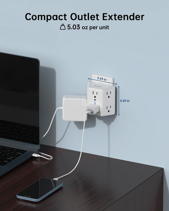 Alt view image 6 of 7 - 2 Prong to 3 Prong Outlet Adapter, 6-Outlet Extender, White, 1-Pack | Wide-Spaced 3-Sided Design, Polarized Plug, 800J Surge Protection, for Older Homes and Apartments
