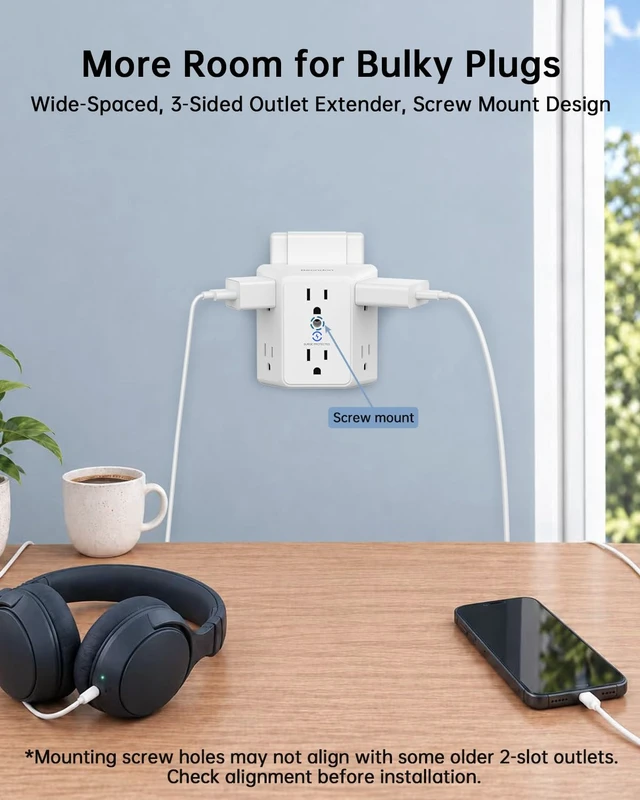Alt view image 7 of 7 - 2 Prong to 3 Prong Outlet Adapter, 6-Outlet Extender, White, 1-Pack | Wide-Spaced 3-Sided Design, Polarized Plug, 800J Surge Protection, for Older Homes and Apartments