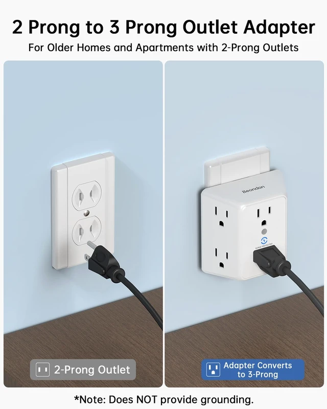 Alt view image 2 of 7 - 2 Prong to 3 Prong Outlet Adapter, 6-Outlet Extender, White, 1-Pack | Wide-Spaced 3-Sided Design, Polarized Plug, 800J Surge Protection, for Older Homes and Apartments