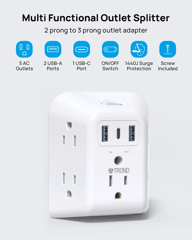 Alt view image 2 of 7 - 3 to 2 Prong Outlet Adapter, 2 Prong Surge Protector Power Strip | 1440J, 5 AC Widely Spaced Outlet Extender and 3 USB Ports, Wall Mountable Plug Adapter for Non-Grounded Socket in Old House