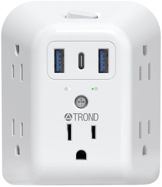 Main image of 3 to 2 Prong Outlet Adapter, 2 Prong Surge Protector Power Strip | 1440J, 5 AC Widely Spaced Outlet Extender and 3 USB Ports, Wall Mountable Plug Adapter for Non-Grounded Socket in Old House