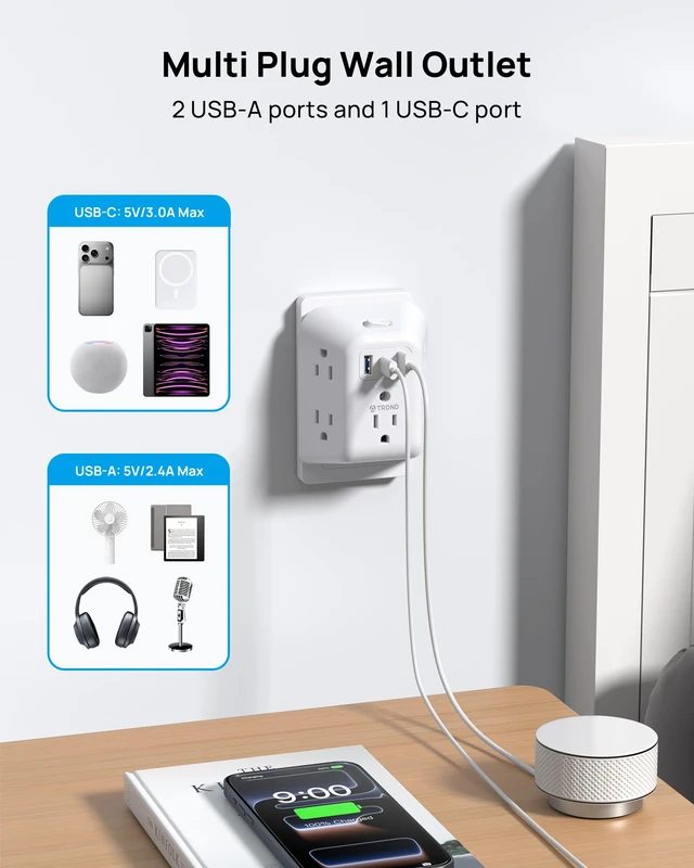 Alt view image 3 of 7 - 3 to 2 Prong Outlet Adapter, 2 Prong Surge Protector Power Strip | 1440J, 5 AC Widely Spaced Outlet Extender and 3 USB Ports, Wall Mountable Plug Adapter for Non-Grounded Socket in Old House