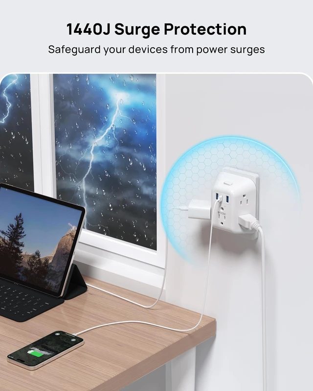 Alt view image 4 of 7 - 3 to 2 Prong Outlet Adapter, 2 Prong Surge Protector Power Strip | 1440J, 5 AC Widely Spaced Outlet Extender and 3 USB Ports, Wall Mountable Plug Adapter for Non-Grounded Socket in Old House