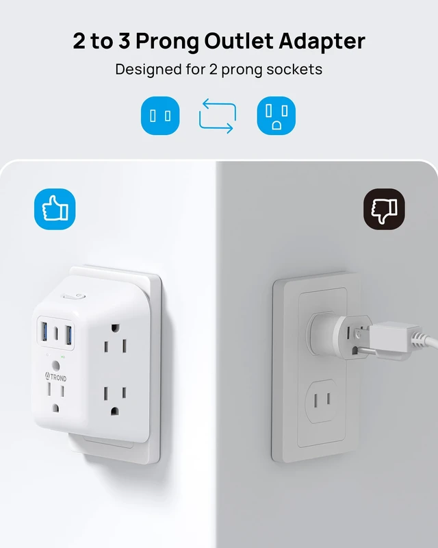 Alt view image 5 of 7 - 3 to 2 Prong Outlet Adapter, 2 Prong Surge Protector Power Strip | 1440J, 5 AC Widely Spaced Outlet Extender and 3 USB Ports, Wall Mountable Plug Adapter for Non-Grounded Socket in Old House