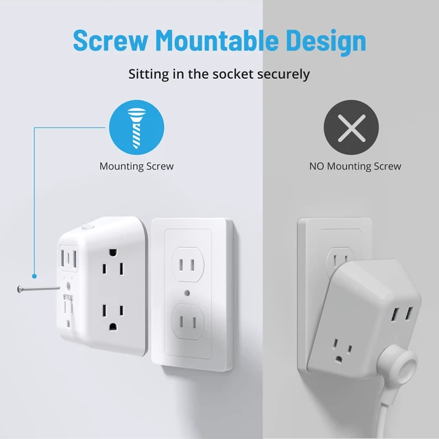 Alt view image 6 of 7 - 3 to 2 Prong Outlet Adapter, 2 Prong Surge Protector Power Strip | 1440J, 5 AC Widely Spaced Outlet Extender and 3 USB Ports, Wall Mountable Plug Adapter for Non-Grounded Socket in Old House
