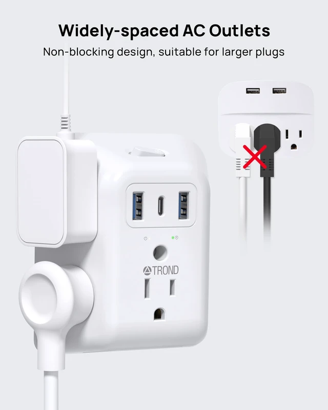 Alt view image 7 of 7 - 3 to 2 Prong Outlet Adapter, 2 Prong Surge Protector Power Strip | 1440J, 5 AC Widely Spaced Outlet Extender and 3 USB Ports, Wall Mountable Plug Adapter for Non-Grounded Socket in Old House