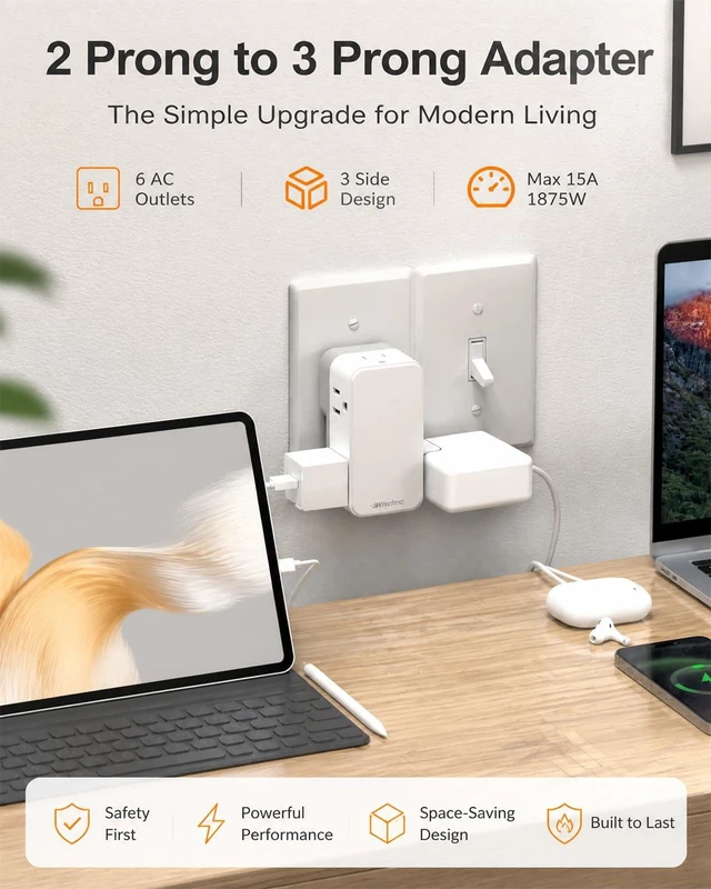Alt view image 2 of 7 - 2 Prong to 3 Prong Power Strip, 2 Prong Outlet Extender with 6 AC | 2 Prong Outlet Adapter with 360° Rotating Plug, Widely Spaced Multi Plug Outlet Splitter, Polarized Plug, Ideal for Old House