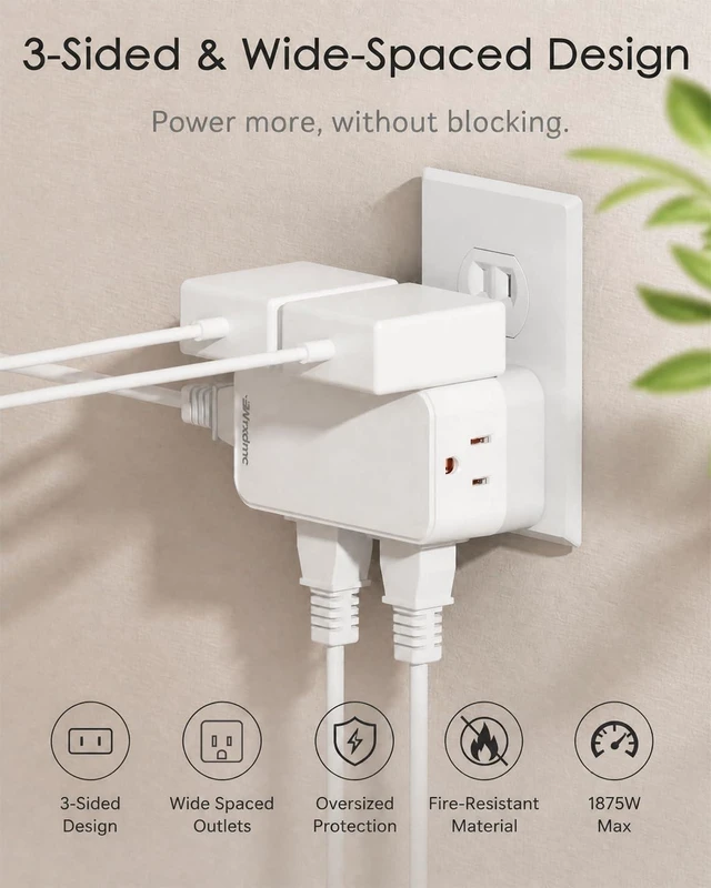 Alt view image 3 of 7 - 2 Prong to 3 Prong Power Strip, 2 Prong Outlet Extender with 6 AC | 2 Prong Outlet Adapter with 360° Rotating Plug, Widely Spaced Multi Plug Outlet Splitter, Polarized Plug, Ideal for Old House