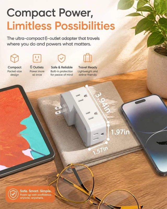 Alt view image 5 of 7 - 2 Prong to 3 Prong Power Strip, 2 Prong Outlet Extender with 6 AC | 2 Prong Outlet Adapter with 360° Rotating Plug, Widely Spaced Multi Plug Outlet Splitter, Polarized Plug, Ideal for Old House