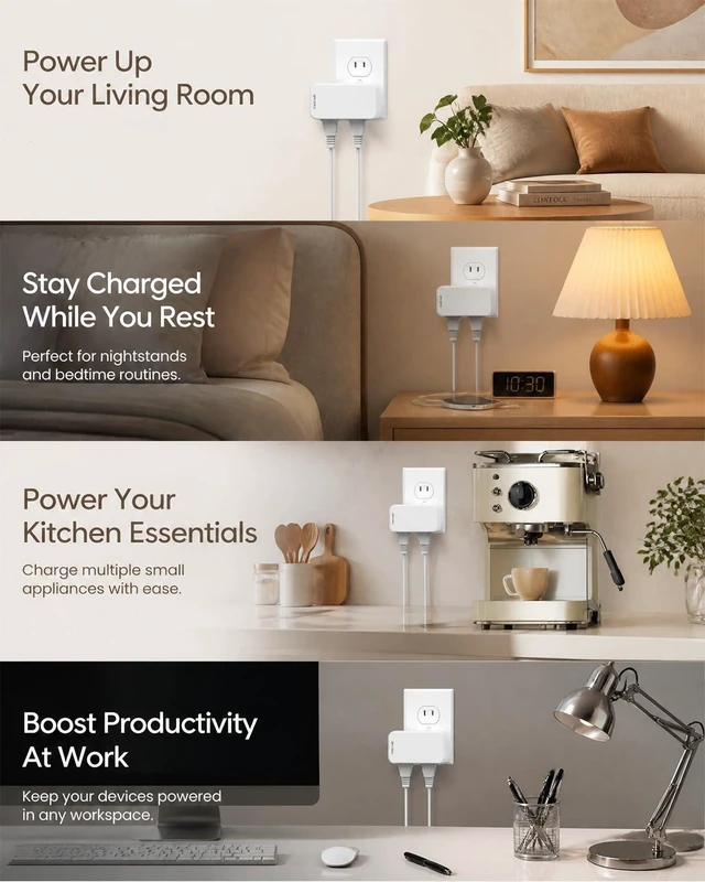 Alt view image 6 of 7 - 2 Prong to 3 Prong Power Strip, 2 Prong Outlet Extender with 6 AC | 2 Prong Outlet Adapter with 360° Rotating Plug, Widely Spaced Multi Plug Outlet Splitter, Polarized Plug, Ideal for Old House