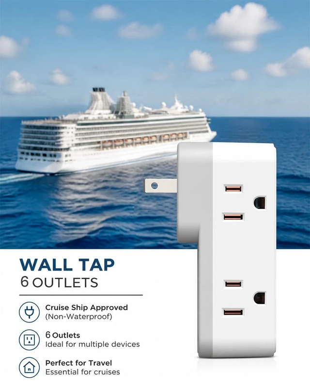 Alt view image 7 of 7 - 2 Prong to 3 Prong Power Strip, 2 Prong Outlet Extender with 6 AC | 2 Prong Outlet Adapter with 360° Rotating Plug, Widely Spaced Multi Plug Outlet Splitter, Polarized Plug, Ideal for Old House