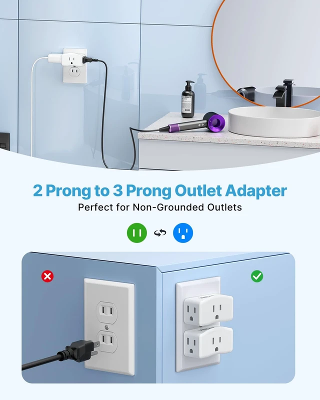 Alt view image 2 of 7 - 2 Prong to 3 Prong Outlet Adapter for Non-Grounded Outlets, 2 Pack | Polarized Plug, 1875W Max, 3 AC Outlets, Compact Wall Plug Extender for Old Houses, Office, Dorm, Hotel, Cruise Essentials