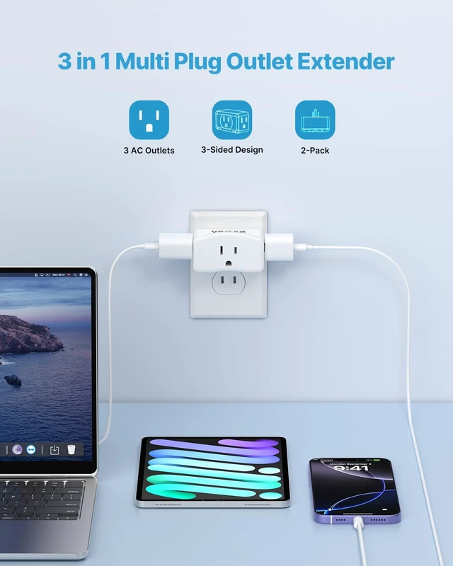 Alt view image 3 of 7 - 2 Prong to 3 Prong Outlet Adapter for Non-Grounded Outlets, 2 Pack | Polarized Plug, 1875W Max, 3 AC Outlets, Compact Wall Plug Extender for Old Houses, Office, Dorm, Hotel, Cruise Essentials