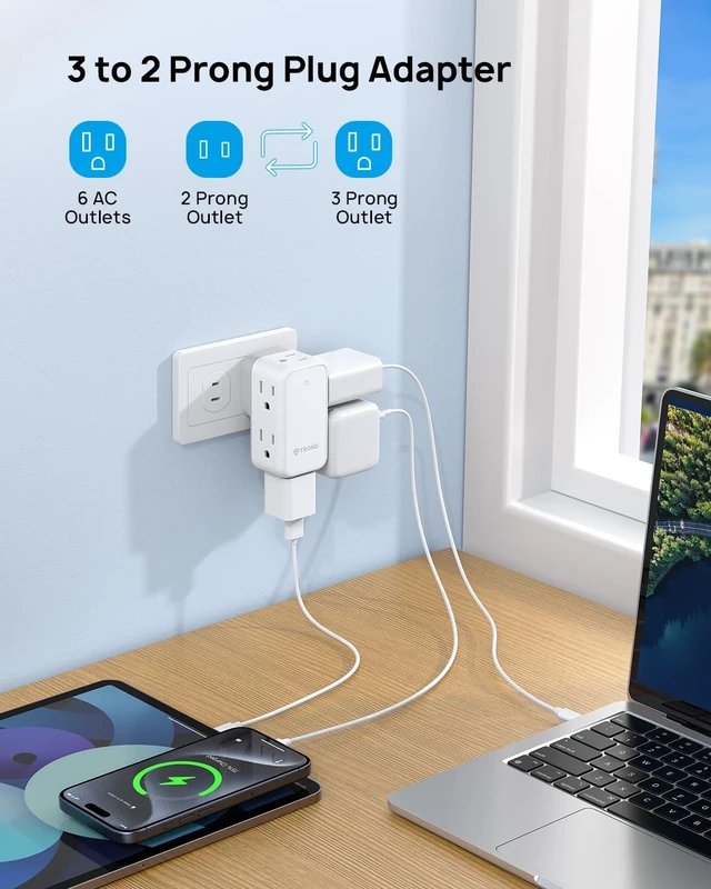 Alt view image 2 of 7 - 3 to 2 Prong Adapter with 360 Rotating Plug and 6 AC Outlet Extender | 2 Prong to 3 Prong Outlet Adapter, Travel Power Splitter for US to Japan, Plug Extender for Old House Travel Essentials