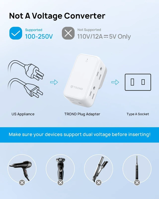 Alt view image 5 of 7 - 3 to 2 Prong Adapter with 360 Rotating Plug and 6 AC Outlet Extender | 2 Prong to 3 Prong Outlet Adapter, Travel Power Splitter for US to Japan, Plug Extender for Old House Travel Essentials
