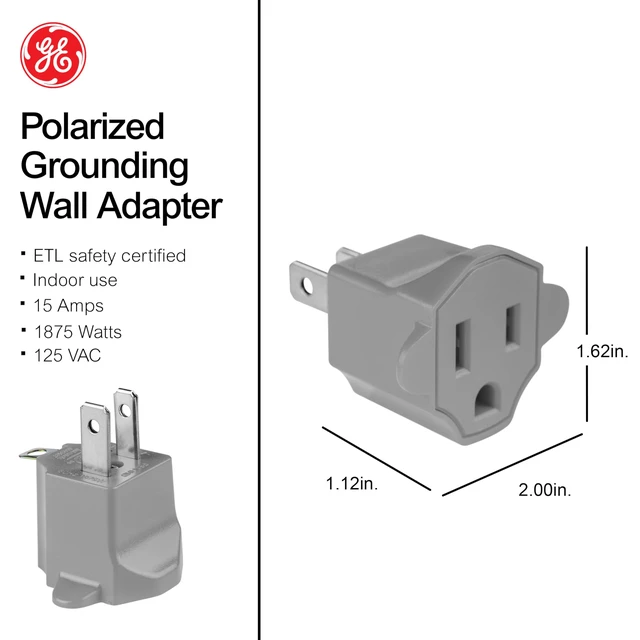 Alt view image 2 of 4 - 2 Prong to 3 Prong Outlet Adapter, Two to Three Plug Converter | ETL Safety Listed, Gray, 58900